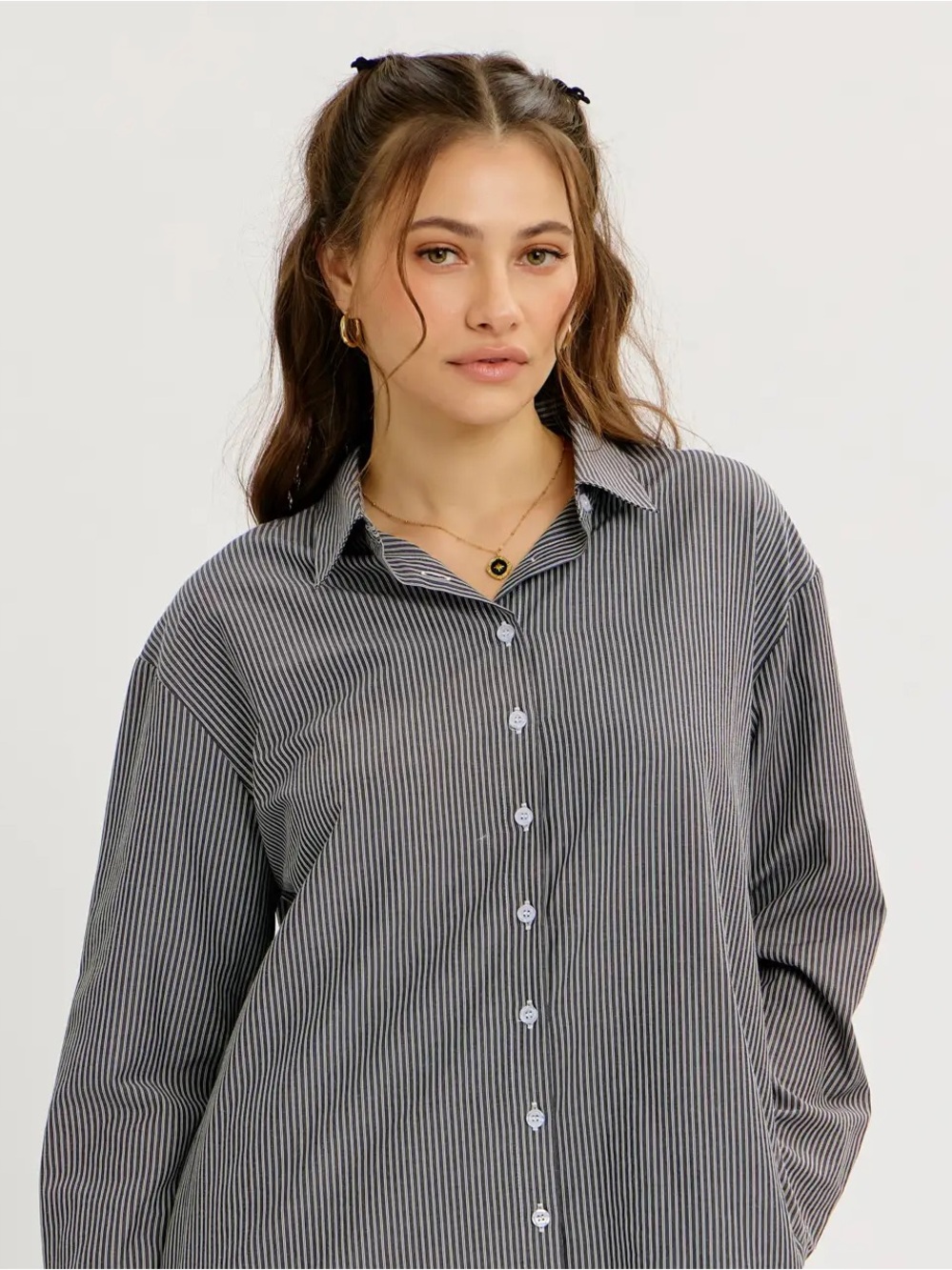 (719) Oversized Stripe Shirt Dress with Back Drawstrings - L - NWT